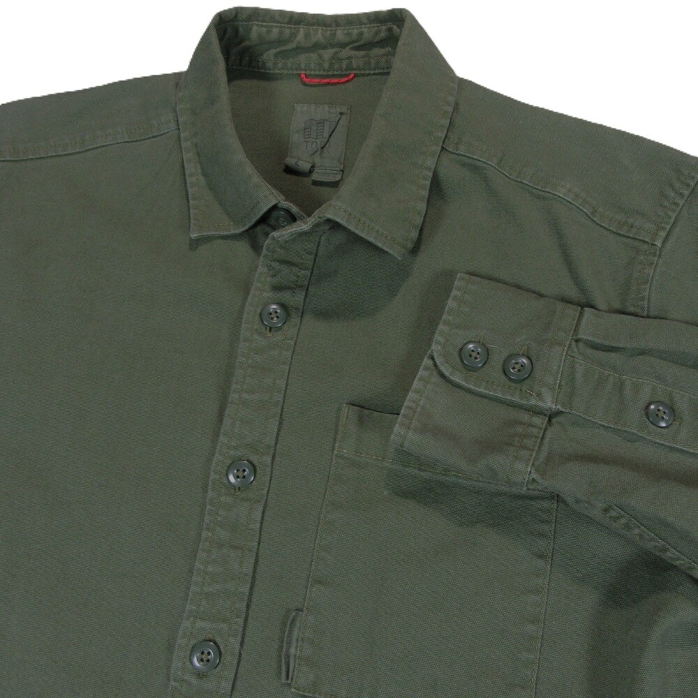 Topo Designs Mens Button Up Utility Shirt L Olive Green Stretch Twill Organic